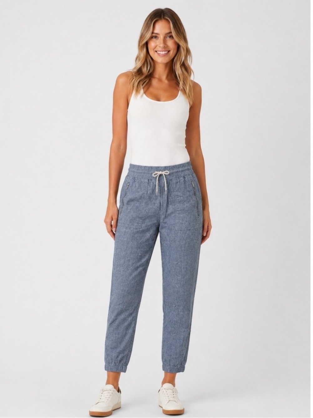 Athleta Cabo Linen Jogger Pants Blue 100% Linen Size 8